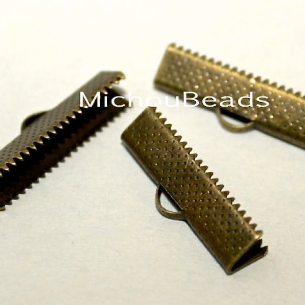 26 ANTIQUED Bronze Gold 20mm Ribbon Cord CRIMP End Clamps - Rectangle 20x6mm Textured Press Pinch Bail Crimp for Cord Leather - USA - 5799