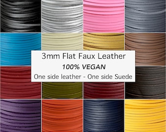 3mm Flat FAUX LEATHER - 3mm Flat Cord - 3x1.5mm One Side Covered imitation Smooth PU Leather Textured Faux Suede Reversible 5 - 10 Yards