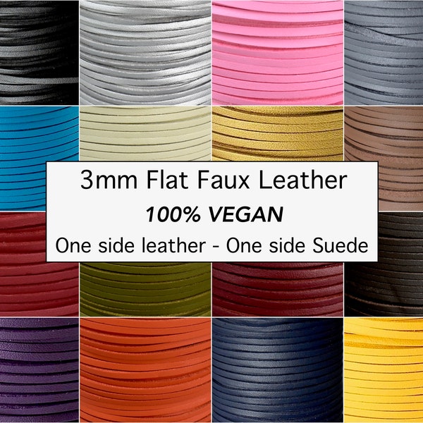 3mm Flat FAUX LEATHER - 3mm Flat Cord - 3x1.5mm One Side Covered imitation Smooth PU Leather Textured Faux Suede Reversible 5 - 10 Yards