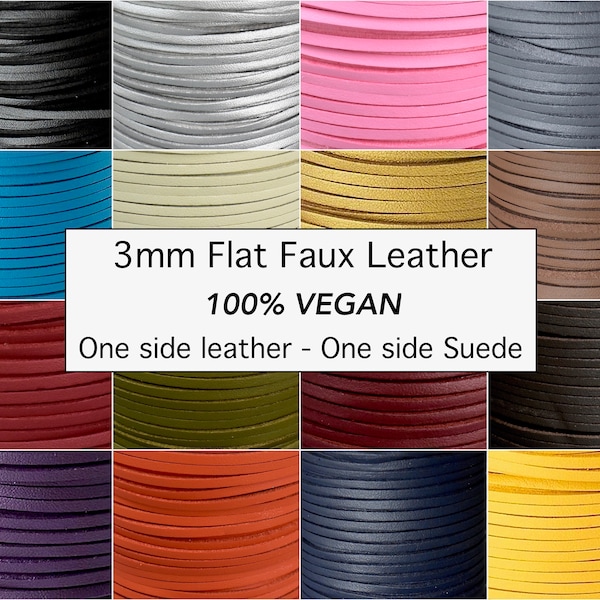 3mm Flat FAUX LEATHER - 3mm Flat Cord - 3x1.5mm One Side Covered imitation Smooth PU Leather Textured Faux Suede Reversible 5 - 10 Yards