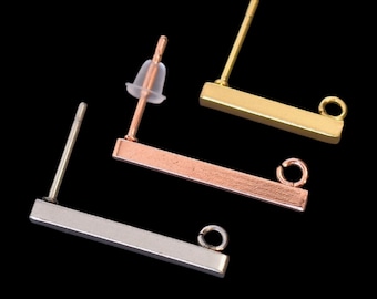 10 Pcs 15mm & 20mm 18K Gold Stainless Steel Rectangle Bar Stud EAR WIRE Earring Post Findings w/ Open Loop . Rose Gold Plated . w/ Ear NUTS