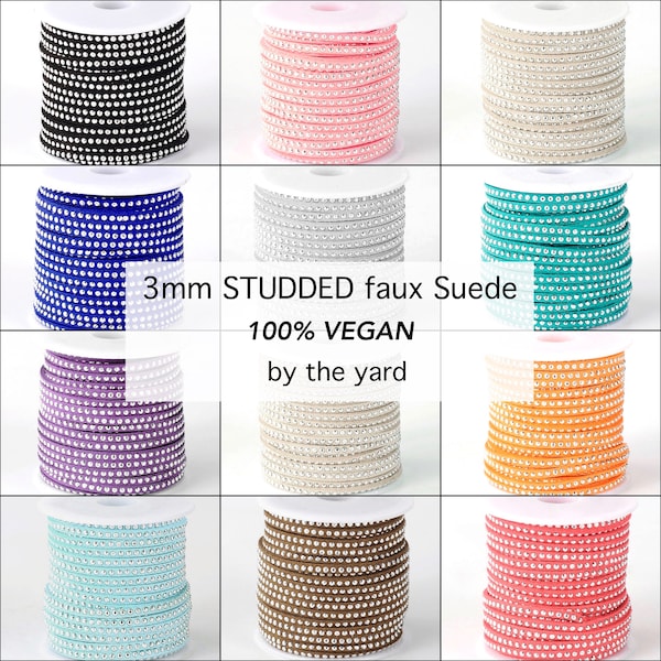 2 yards 3 mm argent clouté plat microfibre suède doux - clous argentés 3 x 1,5 mm simili cuir cordon bijoux ruban - choisissez la couleur