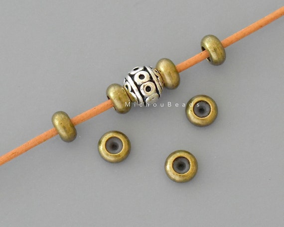 10 STOPPER Beads 6.5mm - 1.3mm Silicone Rubber Hole 6.5x3.5mm Antiqued  Bronze Plate Round Slider Adjustable Bead DIY Bracelets - 7225