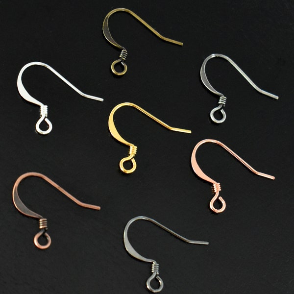 20 EAR WIRES with Coil & Loop - 17mm Hammered Flat Wire Earrings for Pierced ears - Mixed Colors Silver Gold Antique Bronze Copper