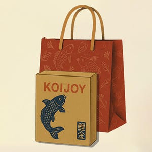 May include: A red shopping bag with brown handles and a matching box. The bag features a fish pattern, and the box is labeled "KOIJOY" with a blue fish illustration and Japanese text.