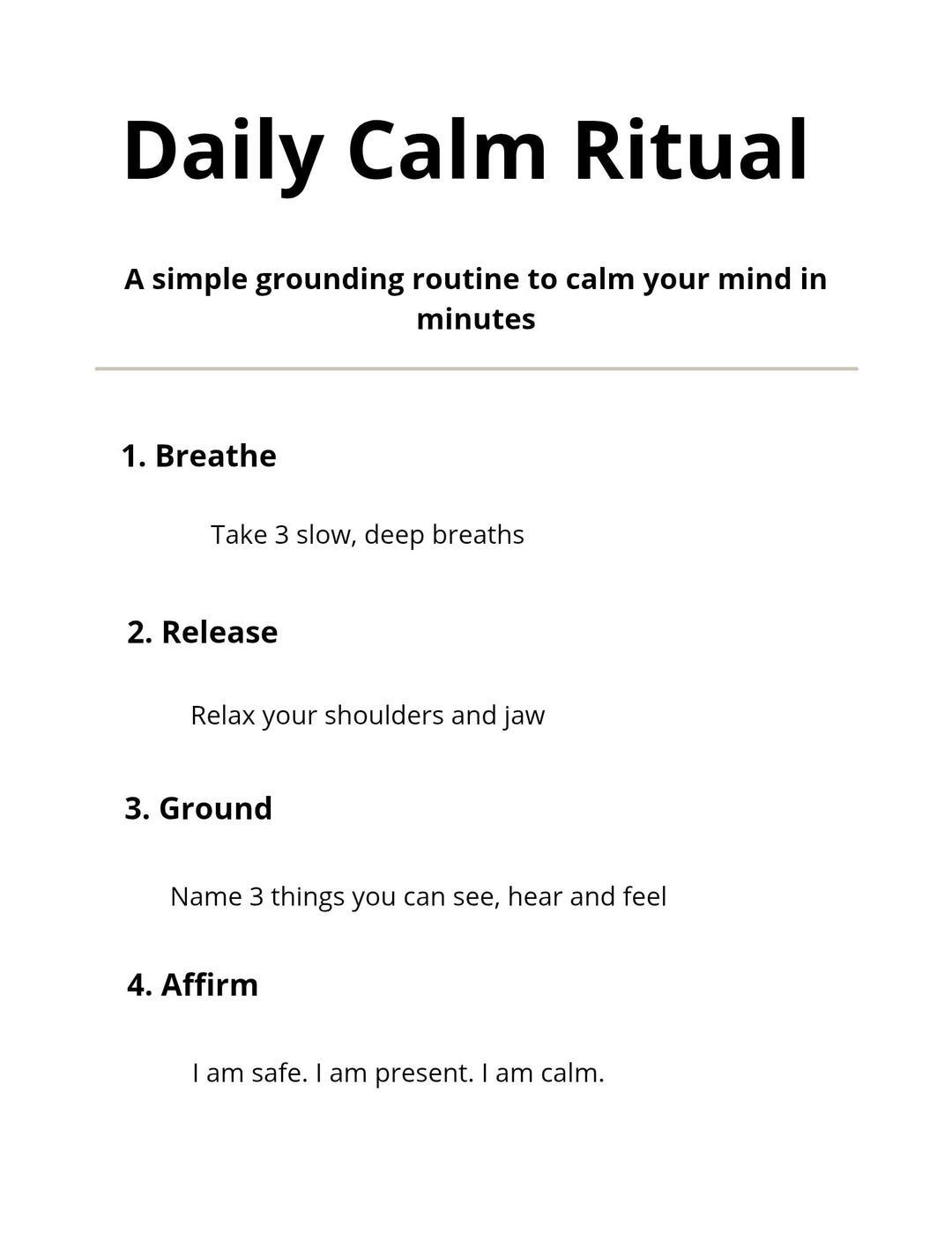 Daily Calm Ritual Printable | 1 Page Grounding Routine for Stress ...
