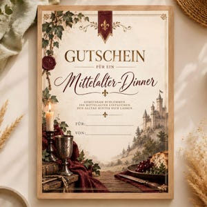 May include: A framed rectangular gift voucher featuring the text GUTSCHEIN FÜR EIN Mittelalter-Dinner. The design includes a medieval castle, a lit candle in a metal holder, a goblet, grapes, bread, and ivy vines on a parchment-style background.