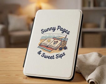 Étui Kindle « Pages ensoleillées et douces gorgées » | Illustration de boisson de plage