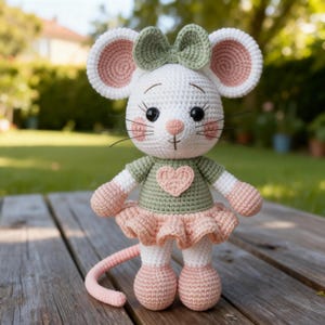 K&ouml;nnte beinhalten: Handgefertigte H&auml;kelmaus-Puppe mit wei&szlig;em K&ouml;rper, rosa Ohren und gr&uuml;ner Schleife. Die Maus tr&auml;gt ein gr&uuml;nes Hemd mit rosa Herz und einen rosa Tutu. Die Puppe steht auf einer Holzoberfl&auml;che.
