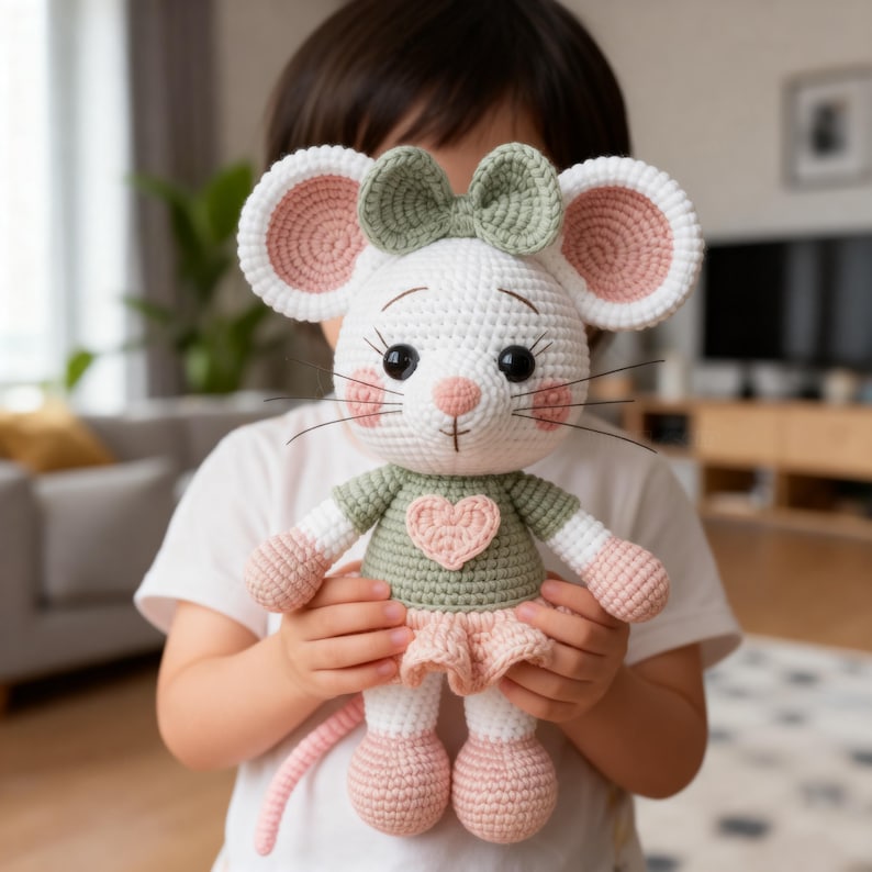 K&ouml;nnte beinhalten: Handgefertigte H&auml;kelmaus-Puppe mit wei&szlig;em K&ouml;rper, rosa und wei&szlig;en Ohren und einer gr&uuml;nen Schleife. Die Maus tr&auml;gt ein gr&uuml;nes Shirt mit einem rosa Herz und einen rosa Rock. Die Puppe ist etwa 25 cm gro&szlig;.