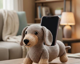 Patrón de ganchillo en PDF para soporte de teléfono con forma de perro salchicha / Soporte de escritorio con forma de perro salchicha / Organizador de escritorio amigurumi / Regalo para dueños de perros salchicha / Descarga instantánea