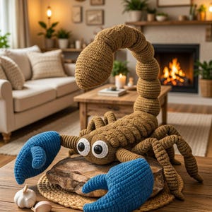 May include: A large, handmade crochet scorpion in shades of brown and blue. The scorpion has a segmented body, large blue claws, and big, round eyes. It rests on a wooden surface, suggesting a decorative or novelty item.