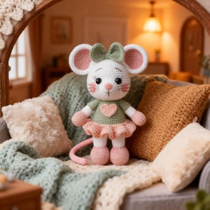 K&ouml;nnte beinhalten: Eine handgefertigte H&auml;kelmaus-Puppe mit wei&szlig;em K&ouml;rper, rosa Ohren und einer gr&uuml;nen Schleife. Die Maus tr&auml;gt ein gr&uuml;nes Oberteil mit einem rosa Herz und einen rosa Tutu. Die Puppe sitzt auf einem Sofa mit Kissen und einer Decke.