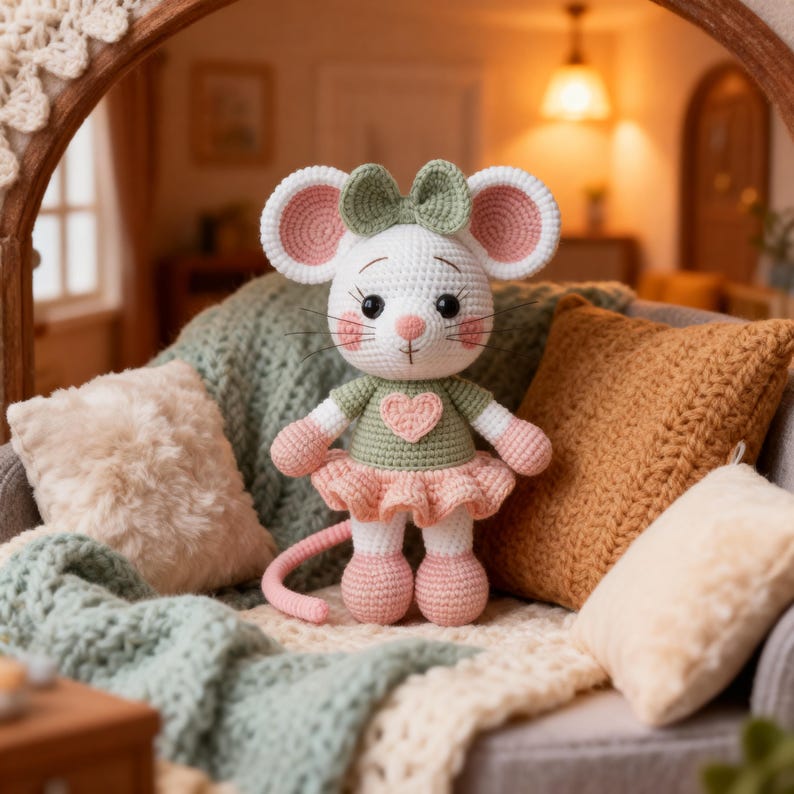 K&ouml;nnte beinhalten: Eine handgefertigte H&auml;kelmaus-Puppe mit wei&szlig;em K&ouml;rper, rosa Ohren und einer gr&uuml;nen Schleife. Die Maus tr&auml;gt ein gr&uuml;nes Oberteil mit einem rosa Herz und einen rosa Tutu. Die Puppe sitzt auf einem Sofa mit Kissen und einer Decke.