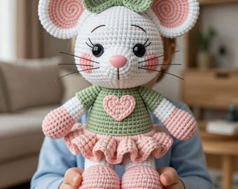Patrón de amigurumi de ratón adorable en PDF / Muñeco ratón con vestido / Tutorial de peluche kawaii / Descarga instantánea