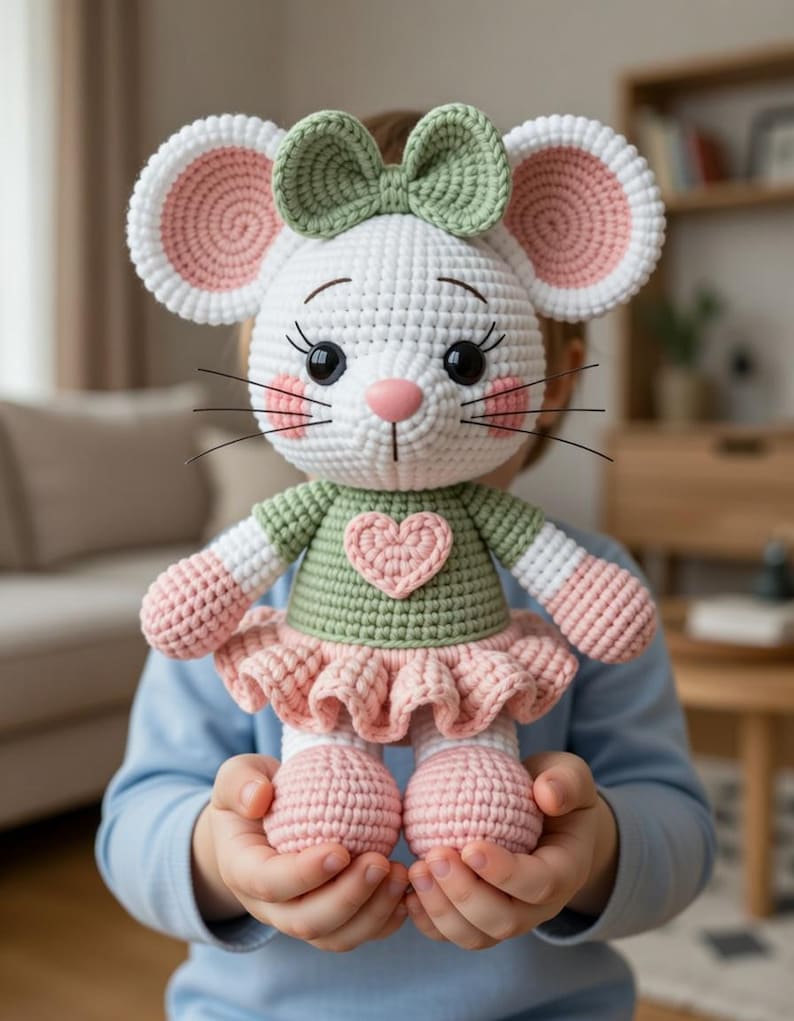 K&ouml;nnte beinhalten: Handgefertigte H&auml;kelmaus-Puppe mit wei&szlig;em K&ouml;rper, rosa und wei&szlig;en Ohren und einer gr&uuml;nen Schleife. Die Puppe hat eine rosa Nase, Rouge und ein gr&uuml;nes Oberteil mit einem rosa Herz. Der Rock und die F&uuml;&szlig;e sind rosa.