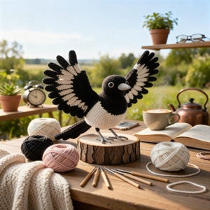 Peut inclure: Un crochet fait main représentant une pie aux ailes déployées, avec un plumage noir et blanc. Posé sur une tranche de bois, entouré de pelotes de laine, de crochets et d'une couverture. La scène comprend une tasse de café, des livres et un réveil vintage.