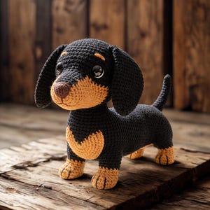 Peut inclure: Un chien teckel au crochet fait à la main, noir et beige. Le chien a de grandes oreilles tombantes, un long corps et de courtes pattes. Le chien au crochet est posé sur une surface en bois.