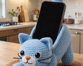 Soporte para teléfono con forma de gato (patrón de crochet en PDF) / Organizador de escritorio amigurumi con forma de gato / Soporte de teléfono de peluche adorable / Regalo para amantes de los gatos / Descarga instantánea