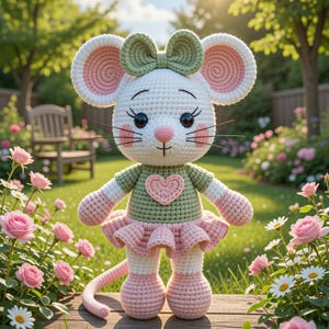 K&ouml;nnte beinhalten: Eine handgefertigte H&auml;kelmaus-Puppe mit wei&szlig;em K&ouml;rper, rosa Ohren und einer gr&uuml;nen Schleife. Die Maus tr&auml;gt ein gr&uuml;nes Oberteil mit einem rosa Herz und einen rosa Rock. Sie steht auf einer Holzoberfl&auml;che in einem Blumengarten.