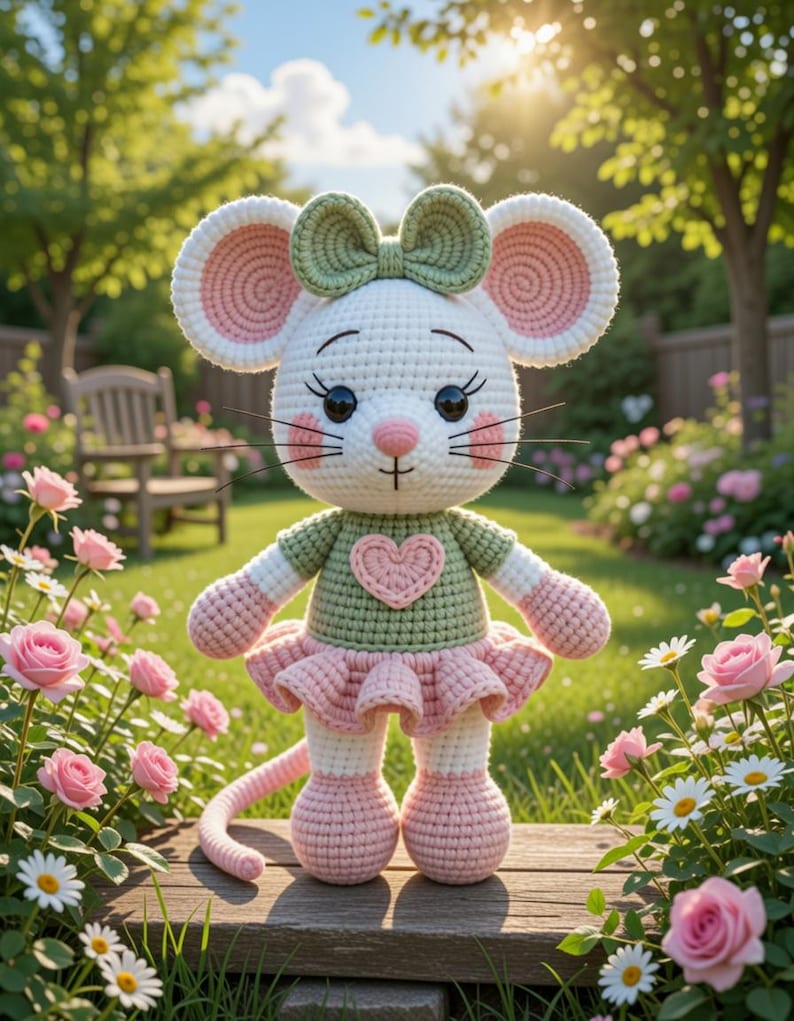 K&ouml;nnte beinhalten: Eine handgefertigte H&auml;kelmaus-Puppe mit wei&szlig;em K&ouml;rper, rosa Ohren und einer gr&uuml;nen Schleife. Die Maus tr&auml;gt ein gr&uuml;nes Oberteil mit einem rosa Herz und einen rosa Rock. Sie steht auf einer Holzoberfl&auml;che in einem Blumengarten.