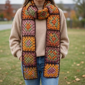 Op de afbeelding: Handgemaakte gehaakte sjaal met een patchwork-ontwerp. De sjaal toont een reeks kleurrijke vierkanten in tinten oranje, groen en roze, verbonden door een donkerbruine rand. De sjaal wordt om de nek gedragen.