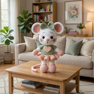 K&ouml;nnte beinhalten: Eine handgefertigte H&auml;kelmaus-Puppe mit wei&szlig;em K&ouml;rper, rosa Ohren und einer gr&uuml;nen Schleife. Die Puppe tr&auml;gt ein gr&uuml;nes Oberteil mit Herz und einen rosa Rock. Sie steht auf einem Holztisch in einem Wohnzimmer.