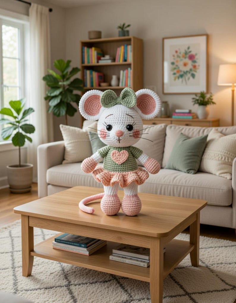 K&ouml;nnte beinhalten: Eine handgefertigte H&auml;kelmaus-Puppe mit wei&szlig;em K&ouml;rper, rosa Ohren und einer gr&uuml;nen Schleife. Die Puppe tr&auml;gt ein gr&uuml;nes Oberteil mit Herz und einen rosa Rock. Sie steht auf einem Holztisch in einem Wohnzimmer.