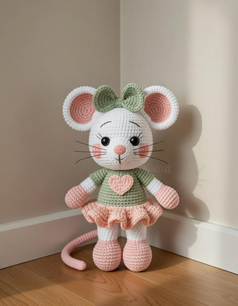 K&ouml;nnte beinhalten: Handgefertigte H&auml;kelmaus-Puppe mit wei&szlig;em K&ouml;rper, rosa Ohren und gr&uuml;ner Schleife. Die Maus tr&auml;gt ein gr&uuml;nes Oberteil mit rosa Herz und einen rosa R&uuml;schenrock. Die Puppe hat schwarze Knopfaugen und lange Schnurrhaare.