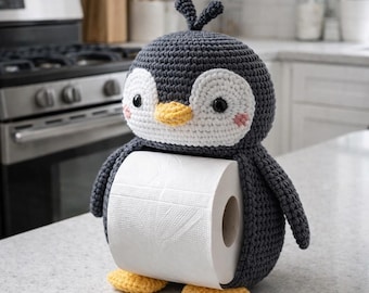 Patrón de soporte para papel higiénico con forma de pingüino a crochet, decoración de baño amigurumi (descarga en PDF)
