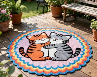 Hugging Cats Crochet Rug Pattern | Round Cat Lover Home Decor (PDF Download)