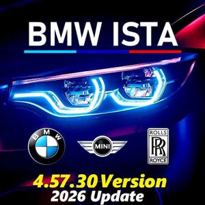 May include: A digital graphic featuring the text BMW ISTA in white with a blue and red line underneath. Below, the BMW, MINI, and Rolls-Royce logos are displayed. The bottom text reads 4.57.30 Version 2026 Update over a blue car headlight.