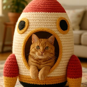 May include: A handmade cat bed in the shape of a rocket. The bed is made of cream-coloured yarn with red and yellow details. An orange tabby cat is inside, peering out from a circular opening.