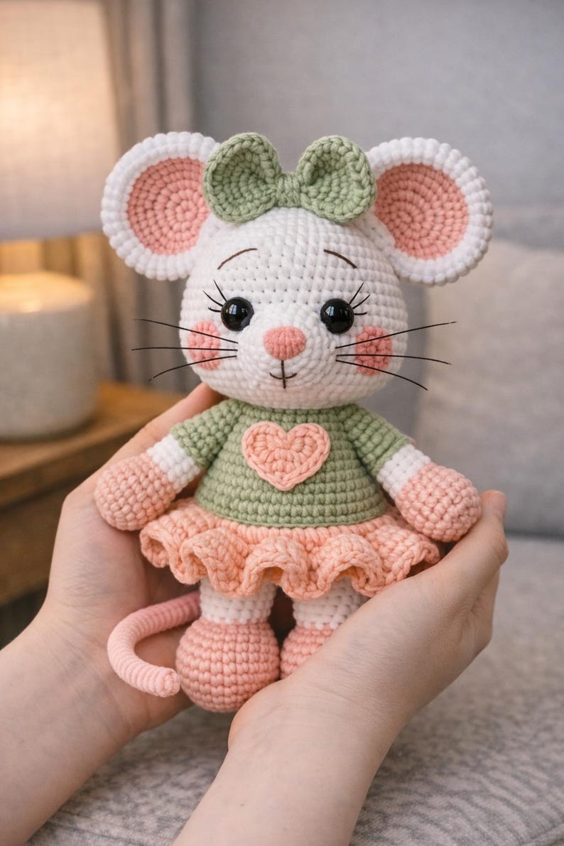 K&ouml;nnte beinhalten: Eine handgefertigte H&auml;kelmauspuppe mit wei&szlig;em K&ouml;rper, rosa und wei&szlig;en Ohren und einer gr&uuml;nen Schleife. Die Maus tr&auml;gt ein gr&uuml;nes Oberteil mit einem rosa Herz und einen rosa Rock. Die Puppe wird in zwei H&auml;nden gehalten.