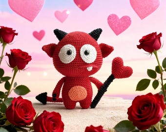 Patrón de ganchillo en PDF del Diablo de San Valentín, Peluche de Diablo Amigurumi, Juguete Demoníaco, Regalo de Monstruo Corazón