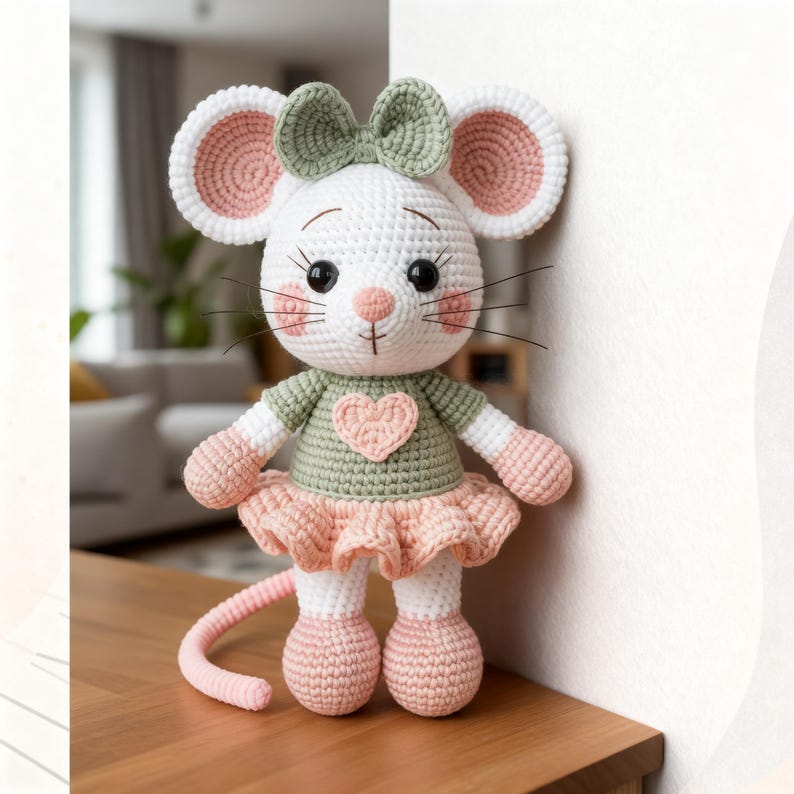 K&ouml;nnte beinhalten: Eine handgefertigte H&auml;kelmaus-Puppe mit wei&szlig;em K&ouml;rper, rosa Ohren und einer gr&uuml;nen Schleife. Die Maus tr&auml;gt ein gr&uuml;nes Hemd mit einem rosa Herz und einen rosa Rock. Die Puppe hat schwarze Augen und rosa Wangen.