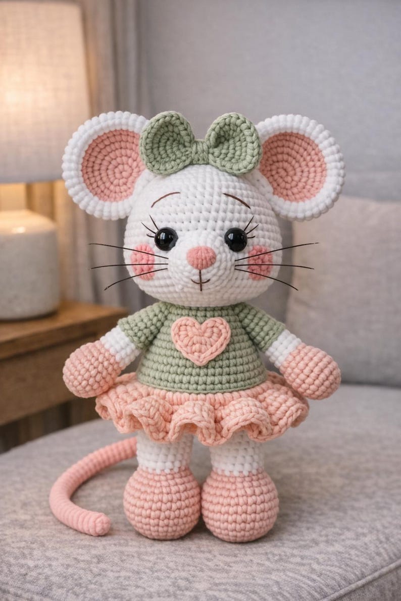 K&ouml;nnte beinhalten: Handgefertigte H&auml;kelmaus-Puppe. Die Puppe ist haupts&auml;chlich wei&szlig; mit rosa Akzenten an Ohren, Wangen und F&uuml;&szlig;en. Sie tr&auml;gt ein gr&uuml;nes Oberteil mit einem rosa Herz und einen rosa Rock. Auf dem Kopf befindet sich eine gr&uuml;ne Schleife.