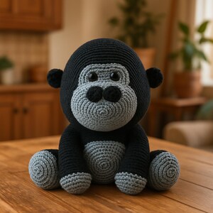 以下が含まれることがあります： 手作りのかぎ針編みゴリラのぬいぐるみ。ゴリラは主に黒色で、顔、手、足にグレーのアクセントがあります。 大きな黒い目と小さな丸い耳があります。 ぬいぐるみは木製の表面に座っています。