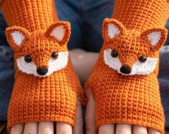 Patrón de ganchillo en PDF para guantes sin dedos con forma de zorro / Calentadores de manos con forma de animalito / Ideal para principiantes / Regalo para amantes de los zorros / Descarga instantánea