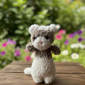Può includere: Un peluche di furetto all'uncinetto fatto a mano. Il furetto ha un corpo bianco, una testa marrone e bianca e un naso rosa. È appoggiato su una superficie di legno con uno sfondo sfocato di fogliame verde e fiori colorati.