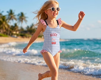 4th of July Custom Name Girl Swimsuit,Gingham Cherry Swimsuit, Personalized Bathing Suit One Piece