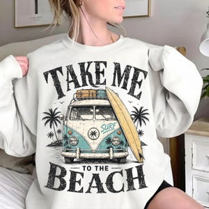 Take Me Beach Retro Summer PNG: Vintage Beach Van, Trendy Summer Surf Trip, Coastal Vacation PNG, Retro Seaside Adventure Art