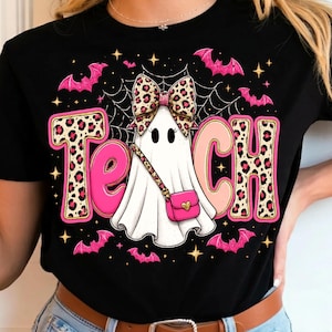 Spooky Teacher Halloween PNG: Pink Leopard Ghost Trick Or Teach Teacher Halloween PNG Cute School