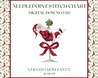 Cheers From Santa - 18 Mesh - Digital Needlepoint Chart - PDF Download