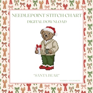 May include: A digital needlepoint stitch chart featuring a pixelated Santa Bear design. The bear wears a Santa hat, a cream-colored jacket, and green pants, holding a gift. The image is framed with a pattern of bows.