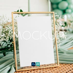 8x10 Card in Gold Frame Mockup Baby Shower Table Menu Sign PSD smart object