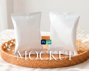 Maqueta de envoltorio de bolsa de patatas fritas, blanco minimalista, ideal para fiestas, baby showers, cumpleaños, PSD Smart Object
