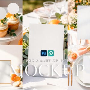 May include: A collection of blank white signage and stationery mockups featuring a vertical rectangular sign, a menu card, and circular cupcake toppers, all displayed in a bright setting with orange slices, greenery, and elegant table settings.