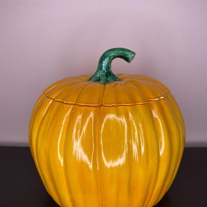 Peut inclure: Un pot en céramique en forme de citrouille orange vif et brillant avec un couvercle amovible. La citrouille présente des rainures verticales profondes et une tige verte foncée texturée servant de poignée sur le dessus.