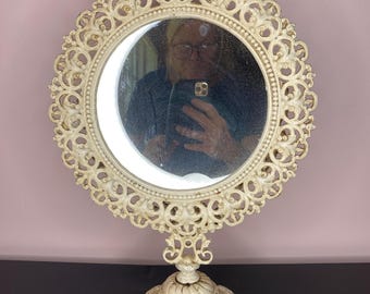 Vintage 1940's Emig Metal Works Cast Iron Off White Tilting Vanity Mirror